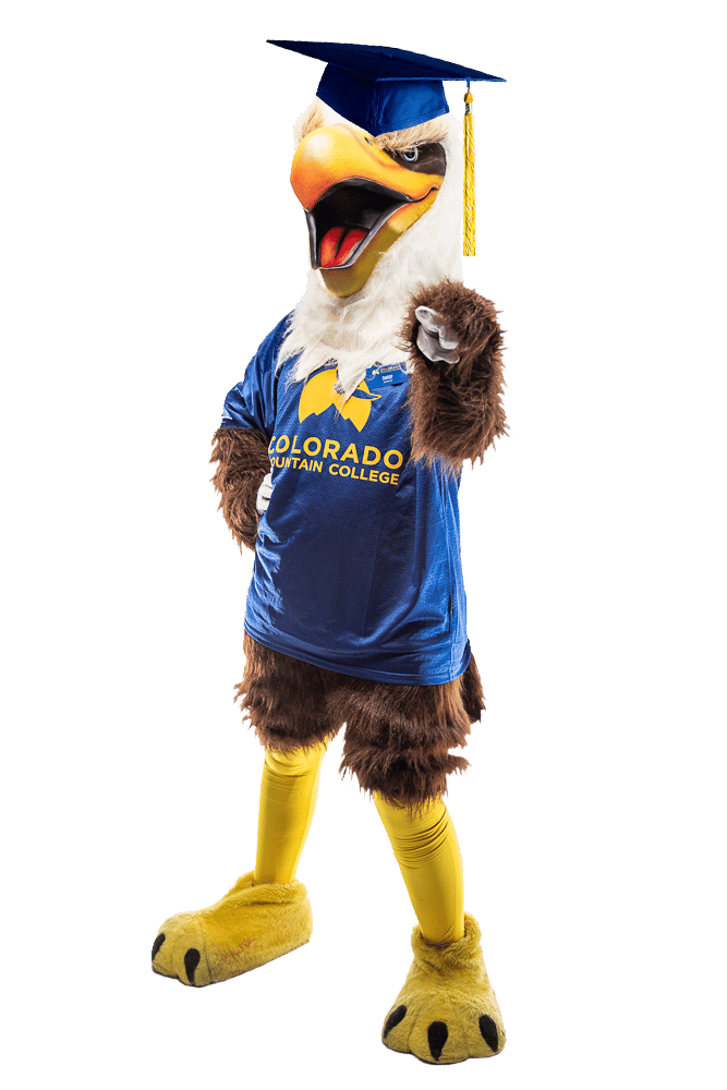 CMC Mascot, Swoop the Eagle, in a graduation cap.