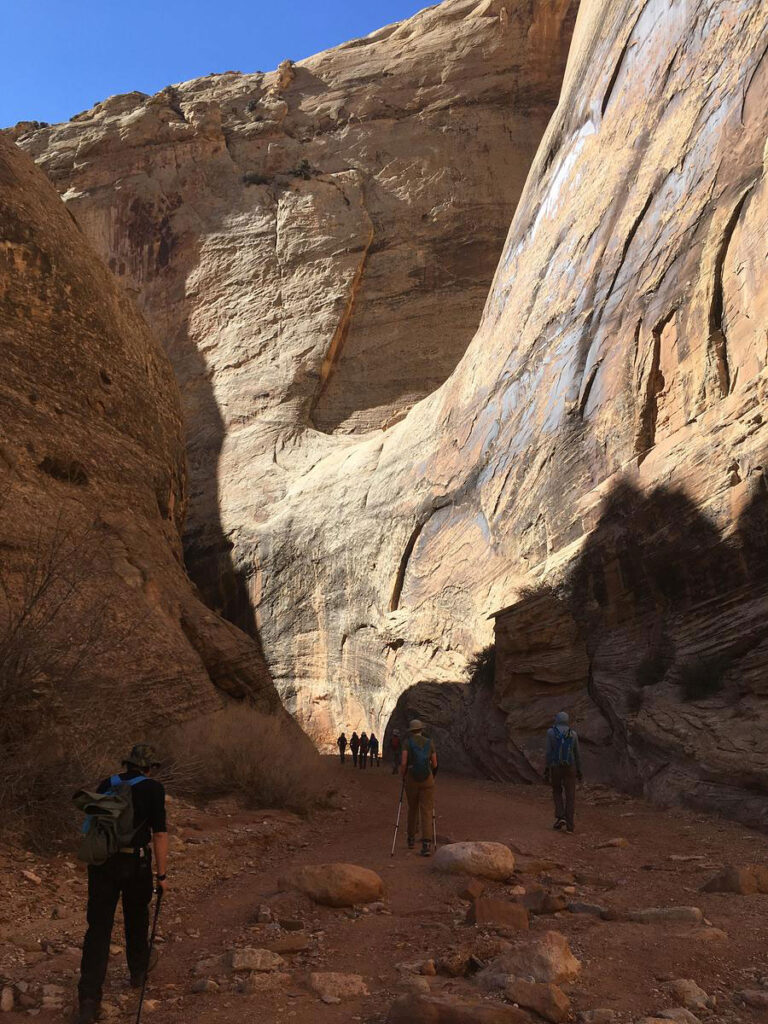 CMC Outdoor Education students hike into a high, narrowing canyon during a desert orientation trip.