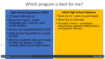 Watch this video to learn about the High School Equivalency using the GED and the Adult High School Diploma programs and which is best for you.