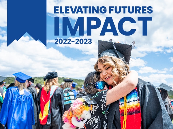CMC graduate hugging her daughter with text that reads "Elevating Futures, Impact 2022-2023".